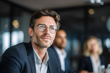 Business meeting photo. Smart, confident man looks up in navy blazer. For corporate presentations, website banners, and team member profile shots.