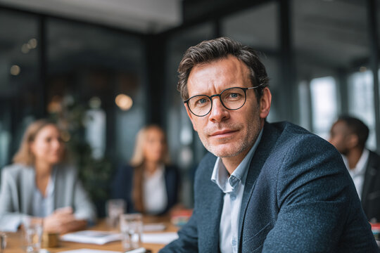 Mature man in a blazer with colleagues in background looks forward, suitable for corporate presentations, websites, or advertising. - Powered by Adobe