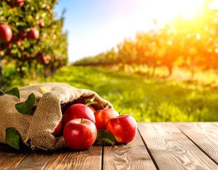 Harvest Time - Fresh Apples in a Burlap Sack on Wooden Table.