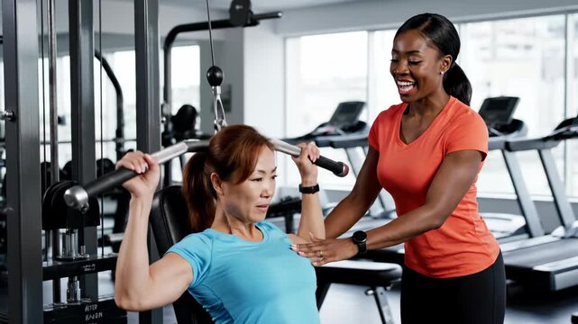 Woman at gym using lat pulldown machine, coached by her personal trainer. A medium shot depicting health and fitness training. Active lifestyle, wellness coaching, strength training.