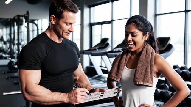 Personal trainer reviewing workout plan with client in a gym. An eye-level shot showcasing instruction and encouragement. Achieving goals, motivation, professional support.