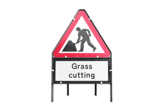 Men at work, grass Cutting temporary triangular road sign isolated, front view