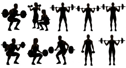 Silhouettes of people doing squats and weightlifting exercises with barbells and dumbbells in a gym setting created with generated ai