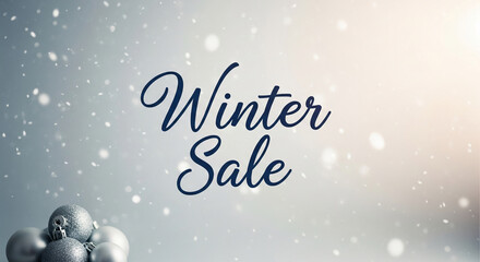 Silver Christmas ornament with falling snow on a soft gradient backdrop, showcasing a winter sale offer, representative of seasonal promotional campaign