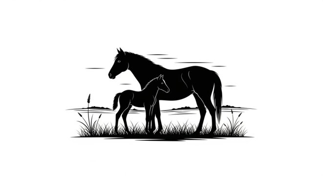 Silhouette of a mare and foal standing in a field with grass and a horizon line in the background created with generated ai