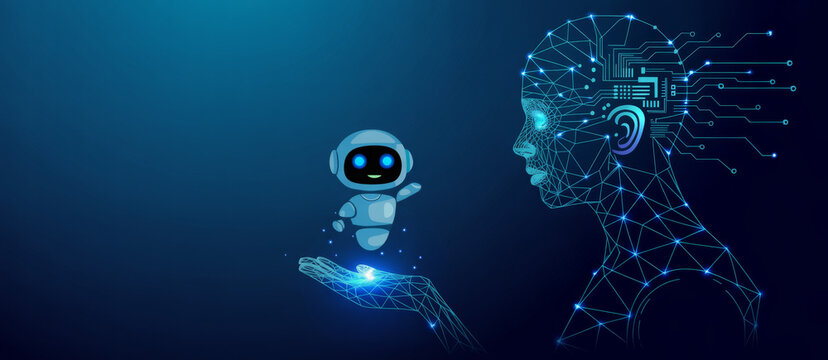 AI assistant concept a small robot in a hand with a digital human head representing artificial intelligence and future technology