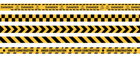 Set of danger and construction tapes yellow and black warning stripes vector illustration for attention and safety concepts