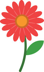Red Daisy Flower with Yellow Center and Green Leaves in Minimalist Vector Style