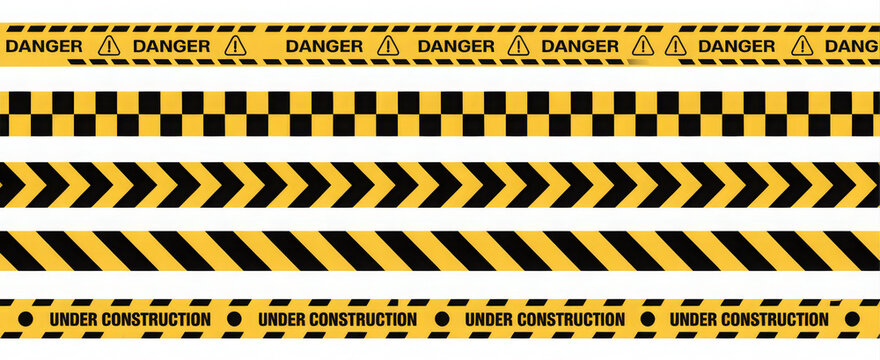 Set of danger and construction tapes yellow and black warning stripes vector illustration for attention and safety concepts
