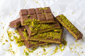 Dubai chocolate, milk chocolate filled with pistachio paste and kunefe
