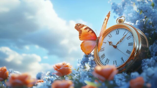 A vivid orange butterfly rests on a vintage clock surrounded by blooming roses and blue flowers. The orange butterfly and the clock represent the beauty of time in nature's embrace