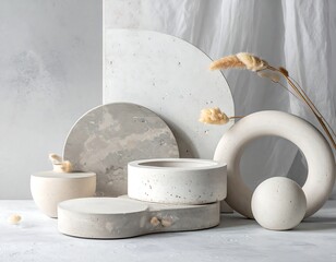 Minimalist product display with geometric shapes and neutral tones.