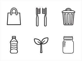 A set of eco-friendly minimalistic line art essentials icons representing eco-conscious items.