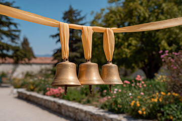 delicate bells hanging from ribbon create whimsical ambiance in blossoming spring garden