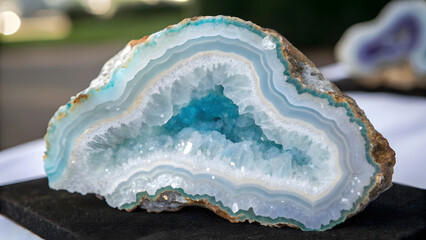 A striking mineral specimen showcasing a natural fusion of botryoidal chalcedony—smooth, waxy, and banded in soft layers of milky white, pale blue, and lavender