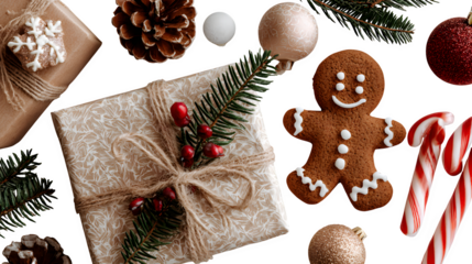 PNG Christmas holiday flat lay with candy canes, pine sprigs, gift boxes, ornaments, and gingerbread man on soft beige tone isolated on white background