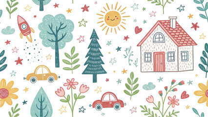 Whimsical doodle seamless pattern with sunshine, trees, flowers, house, and rockets. Perfect for nursery wallpaper, textile prints, and wrapping paper designs.