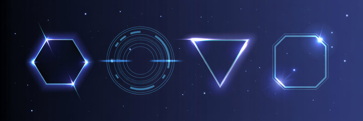 Set of glowing geometric shapes futuristic neon frames for design elements isolated on dark blue background