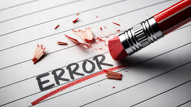 Fixing errors with a red pencil eraser on lined paper, demonstrating correction and editing for business documents or academic assignments