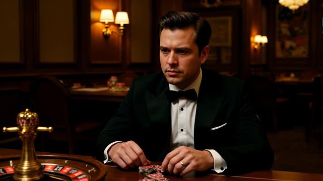 Serious man in a tuxedo plays roulette at a casino table, placing a bet with chips