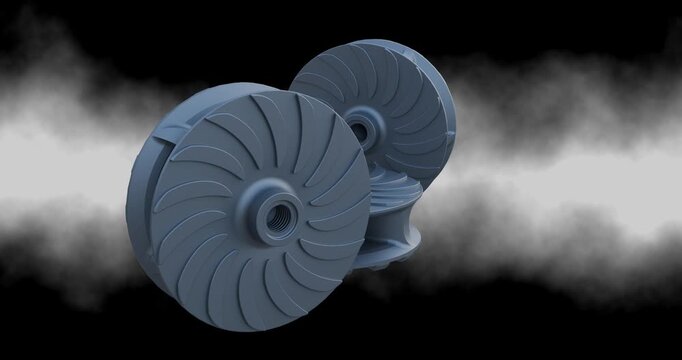 Centrifugal pump heavy duty impeller 3D animation. impeller component displayed from different angles on a black & white background