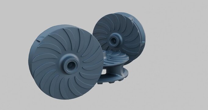 Centrifugal pump heavy duty impeller 3D animation. impeller component displayed from different angles on a black white background