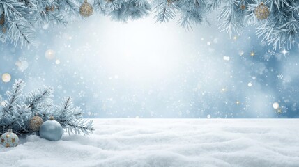A bright, icy blue winter background with frosted fir branches and gold and white baubles in the foreground, against a snowy, blurred backdrop.
