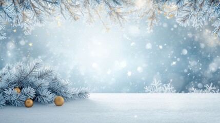 A bright, icy blue winter background with frosted fir branches and gold and white baubles in the foreground, against a snowy, blurred backdrop.
