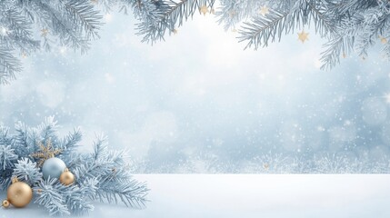 A bright, icy blue winter background with frosted fir branches and gold and white baubles in the foreground, against a snowy, blurred backdrop.