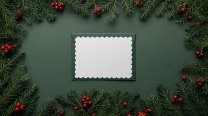 A blank white greeting card and a green envelope centered on a dark green background, framed by fir branches and red berries.