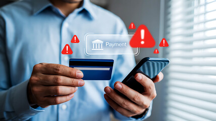 Concerned man holding credit card gets payment error on phone app, illustrating online fraud, security risks, and financial technology challenges
