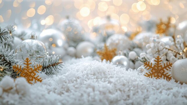 A shallow depth of field shot of snow-covered foreground decorated with gold and clear Christmas ornaments, snowflakes, and lights against a warm bokeh background.