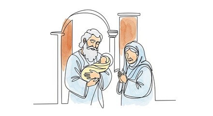 Sretensky Feast: Simeon Holding Baby Jesus with Prophetess Anna Nearby. Minimalist One-Line Watercolor Vector