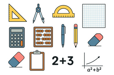 Math tools and symbols: calculator, abacus, compass, protractor, pencils, eraser, clipboard, graph