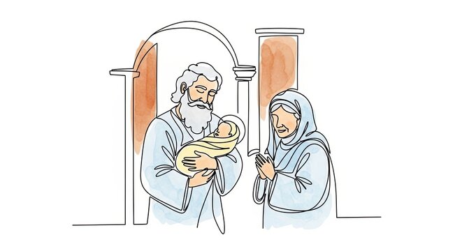 Sretensky Feast: Simeon Holding Baby Jesus with Prophetess Anna Nearby. Minimalist One-Line Watercolor Vector