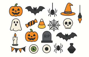 Colorful halloween icons: pumpkins, bats, spiders, ghosts, and more