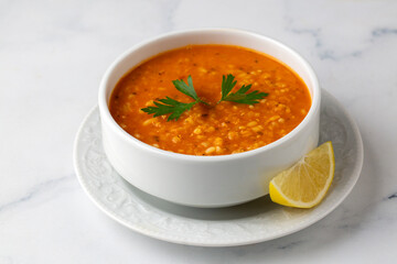 Traditional delicious Turkish soup; Turkish name; Tarhana or Ezogelin corbasi
