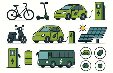 Naklejka premium Eco-friendly transportation: bicycles, electric cars, e-scooters, solar panels, electric buses