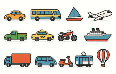 Colorful transportation icons set featuring various vehicles and modes of transport