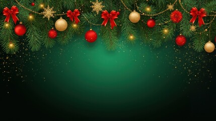 A festive dark green background with a top border of fir branches, string lights, and red and gold Christmas baubles.
