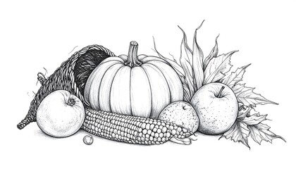 Thanksgiving Harvest Still Life - Cornucopia, Pumpkin, and Apples.