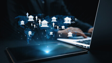 Obraz premium Online banking and digital banking innovation combining finance and technology, optimizing online banking systems, mobile banking services, and fintech for seamless experience. Elide