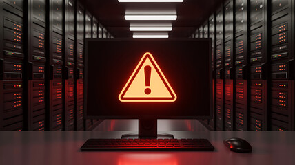 Urgent server alert with flashing exclamation mark on screen in dark data center environment demands immediate attention to prevent critical system failure