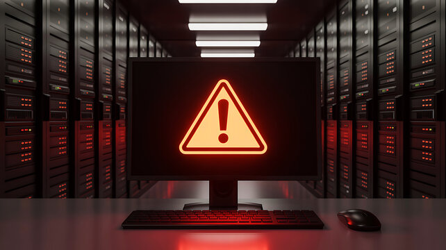 Urgent server alert with flashing exclamation mark on screen in dark data center environment demands immediate attention to prevent critical system failure