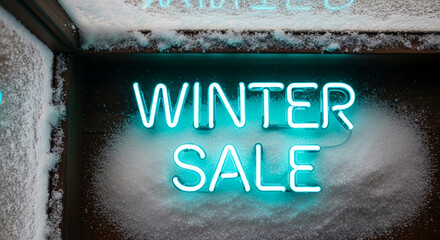 Bright turquoise neon sign reading "Winter Sale" surrounded by granular snow. Represents seasonal discounts and cold weather promotions in retail store