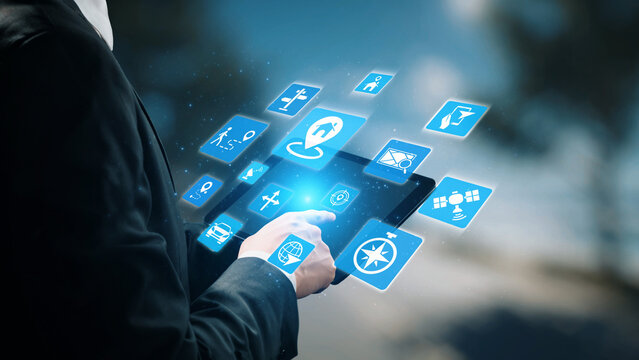 Fototapeta GPS icons show navigation, GPS tracking, and location. GPS supports real time maps, direction, and GPS navigation services for mobility and transport. Gist