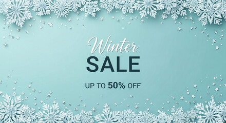 Light blue background with snowflake and star frame, suggesting winter celebration, festive season, promotional banner, or holiday greetings