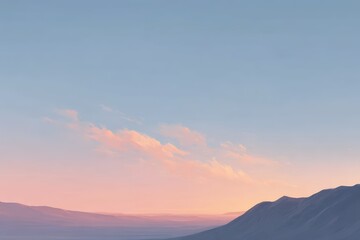 A serene mountain range at sunrise with pastel light