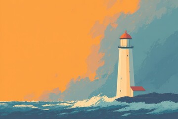 A lighthouse on a small island with a single cloud above