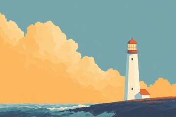 A lighthouse with a bright colorful door